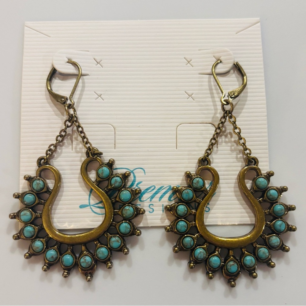 Premier Designs Turquoise Teardrop Sunburst Earrings Antique‎ Gold Tone New Gift